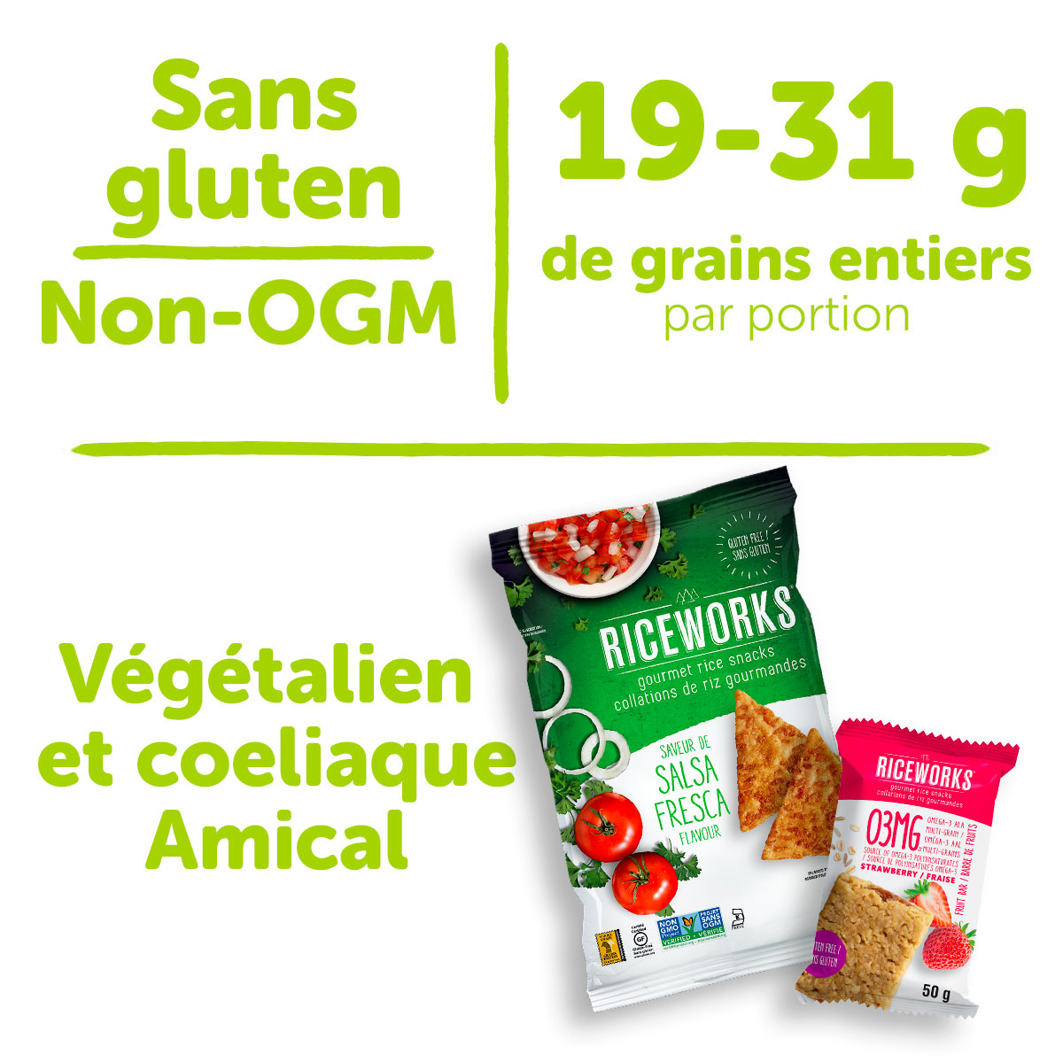 Sans gluten, Non-OGN, 15-19 g de grains entiers par portion, Végétalien et coeliaque Amical