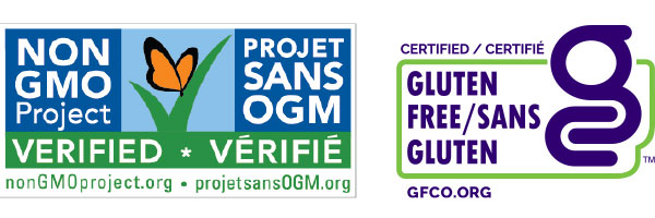 Non-GMO Project Verified / Projet Sans OGM Verifie. Gluten Free / Sans Gluten.