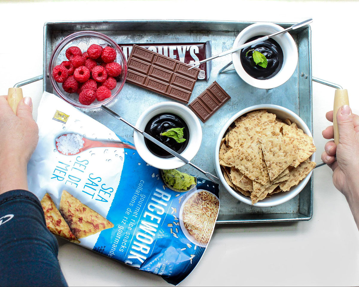 Fondue ingredients on tray with Sea Salt Riceworks