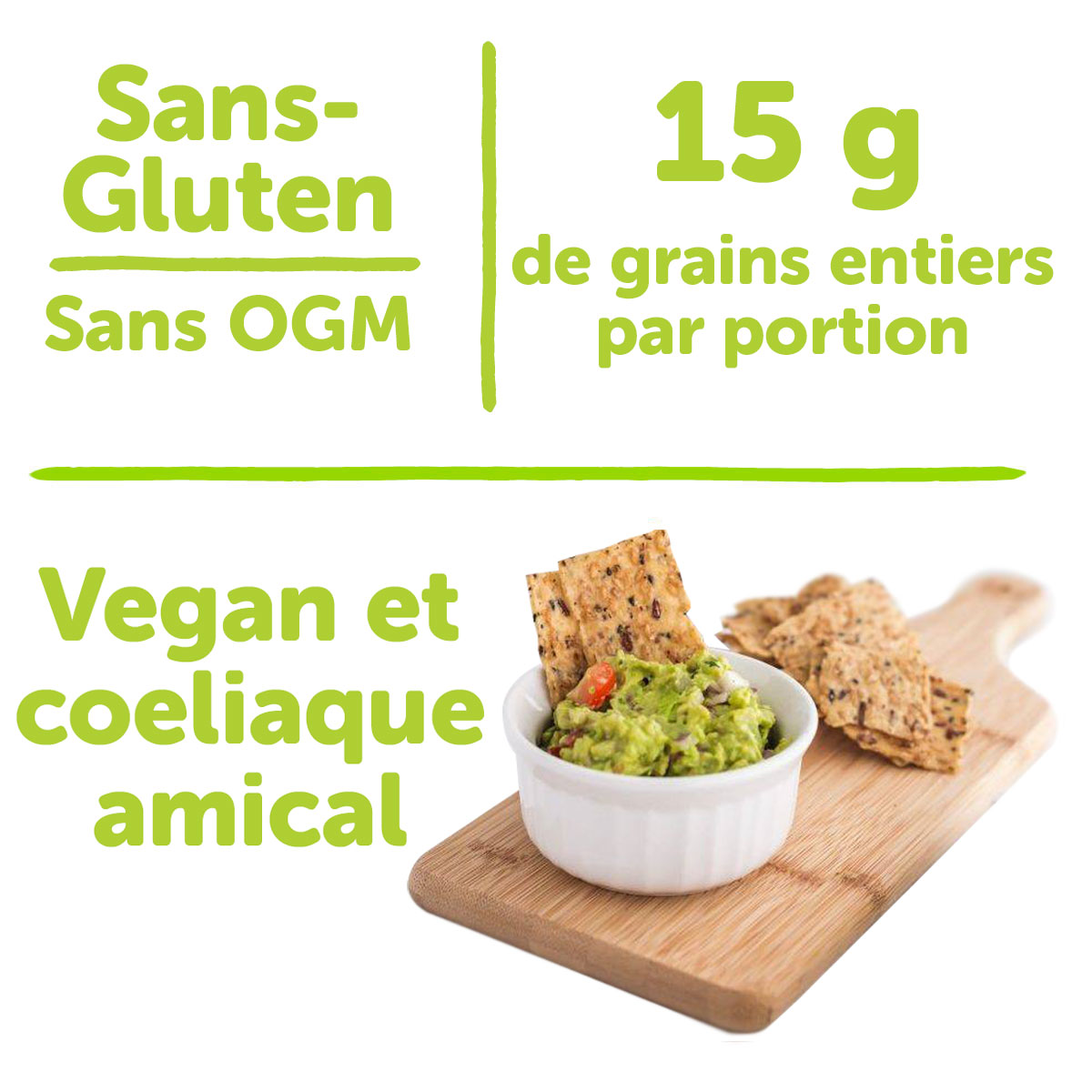 sans-gluten, sans OGM, 15 g de grains entiers par portion, vegan et coeliaque amical