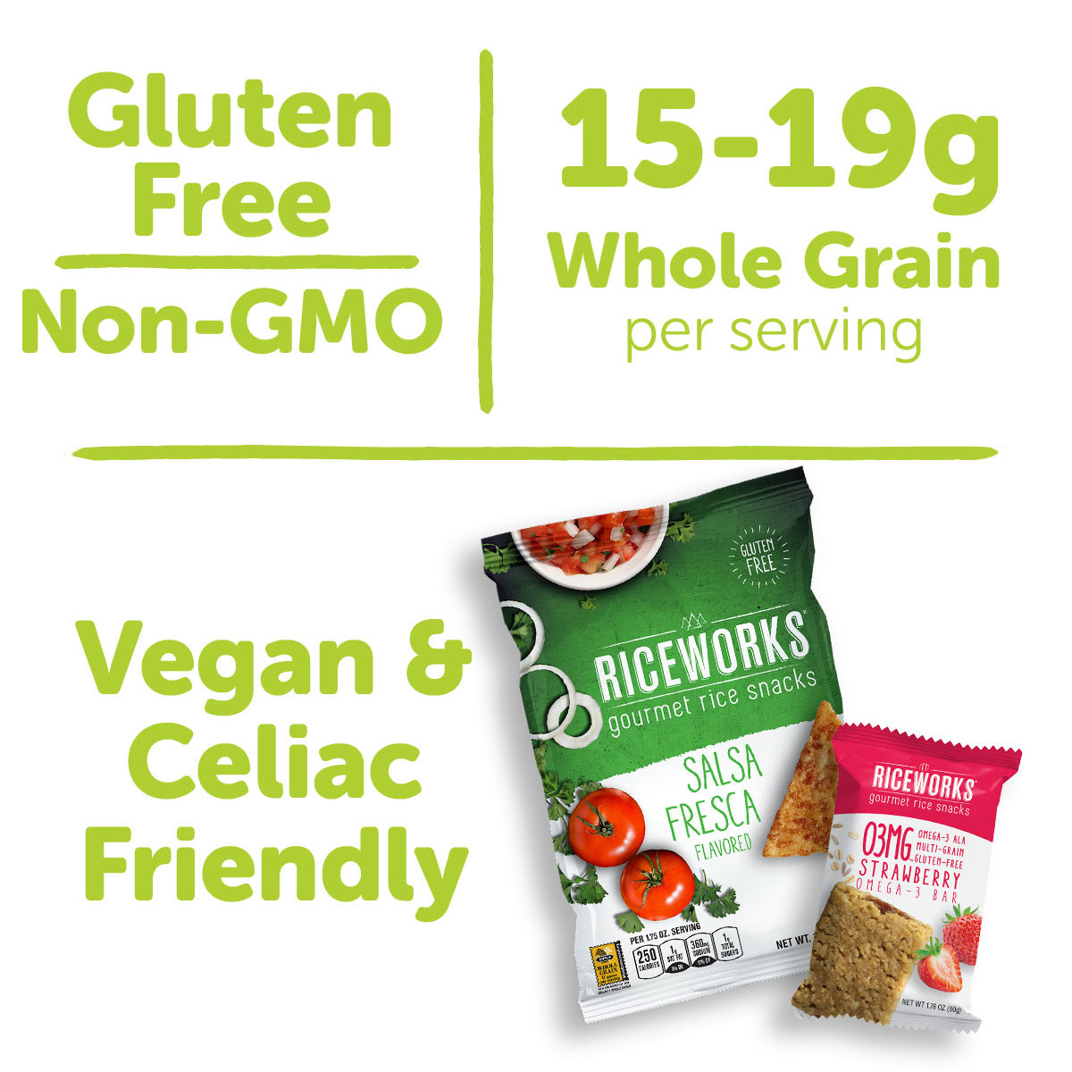 Gluten Free, Non-GMO, 15-19 g Whole Grain per serving, Vegan and Celiac friendly