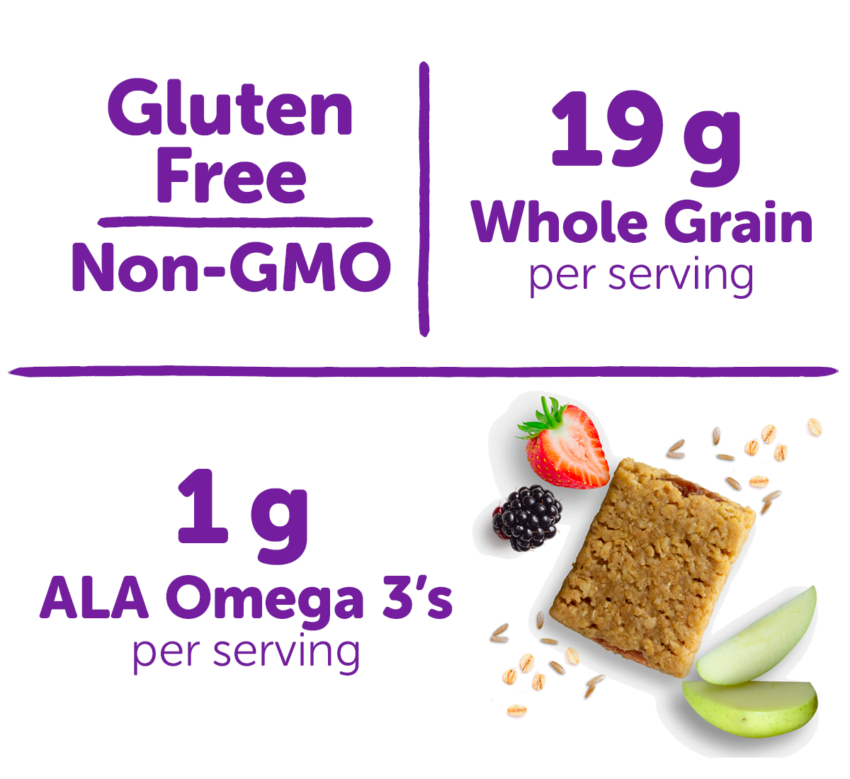 Gluten Free / 19g Whole Grain per serving / 1 mg ALA Omega 3's per serving