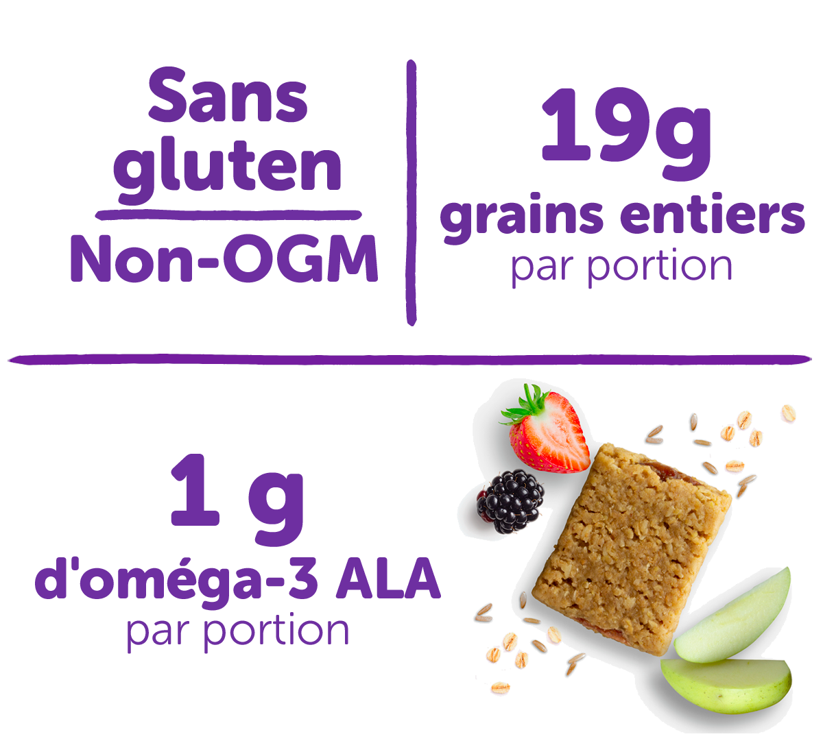 Sans gluten, non-OGM, 19 g de grains entiers par portion, 1 g d'omega-3 ALA par portion