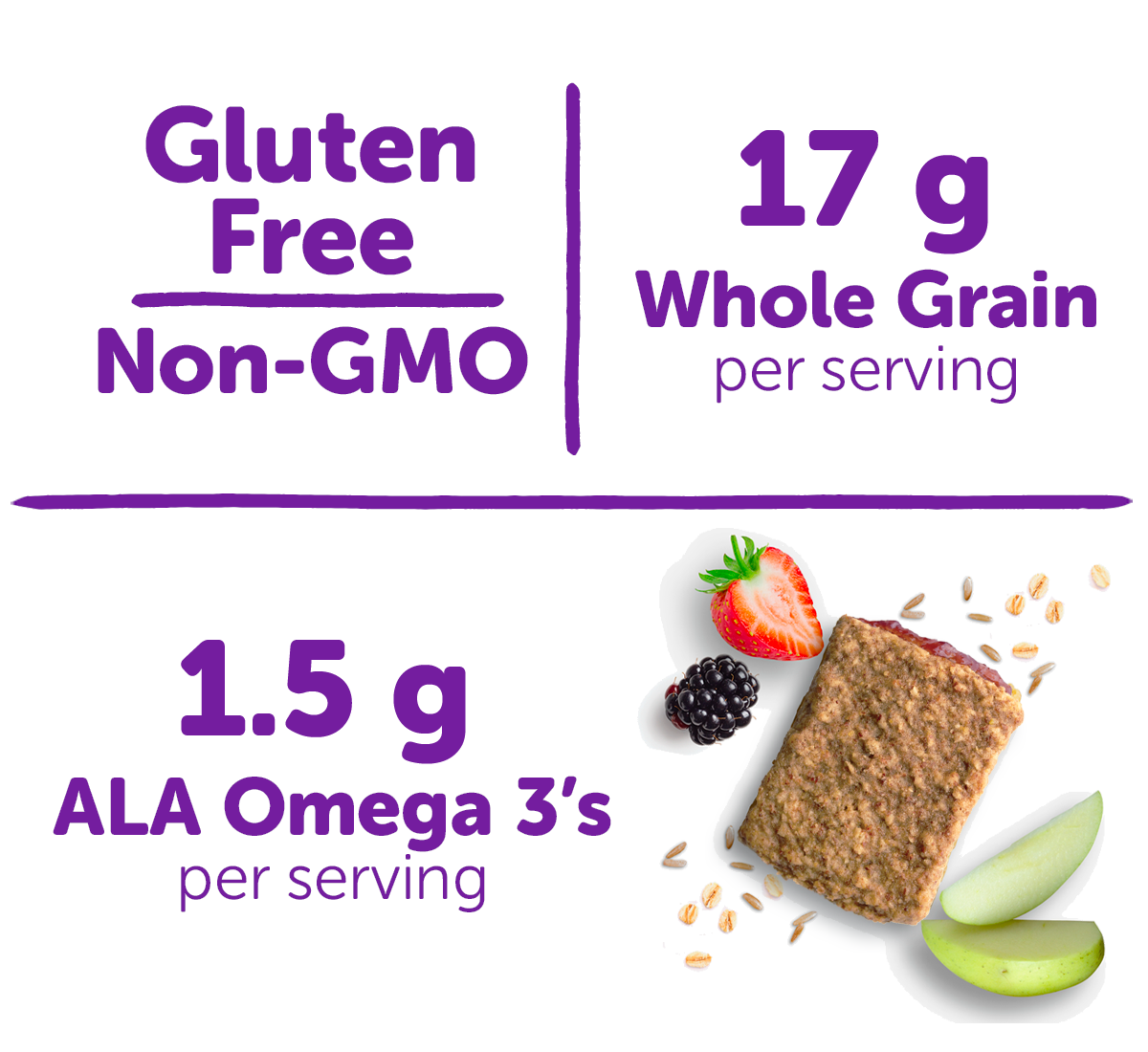 Gluten Free / 17g Whole Grain per serving / 1.5 mg ALA Omega 3's per serving