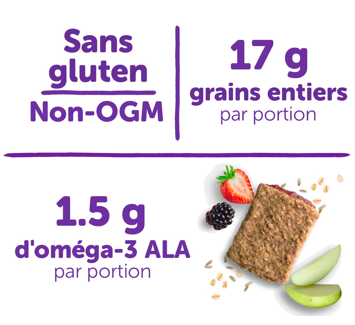 Sans gluten, non-OGM, 17 g de grains entiers par portion, 1.5 g d'omega-3 ALA par portion