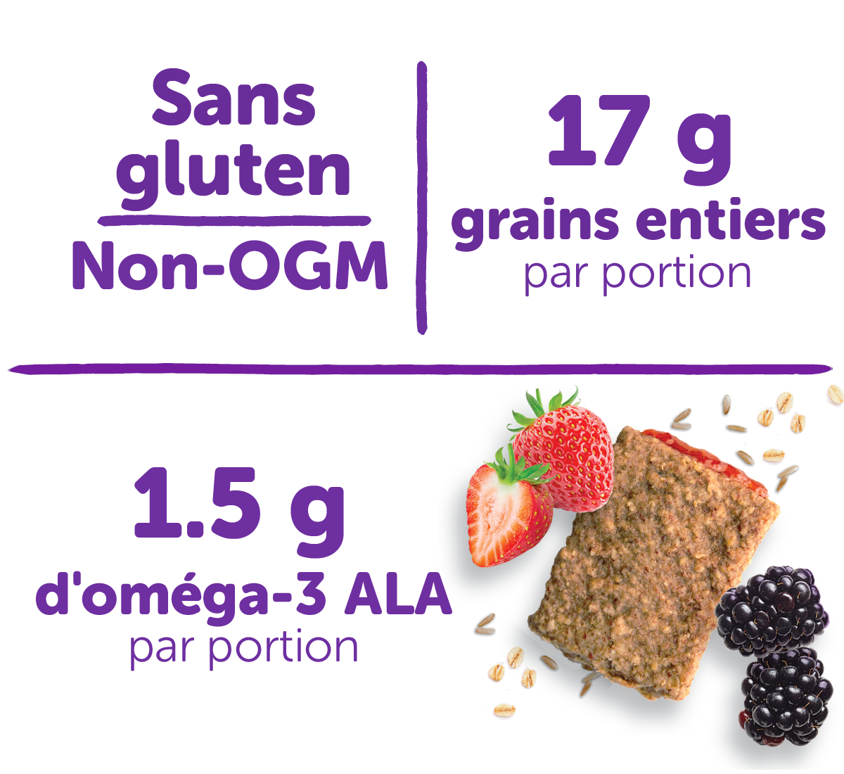 Sans gluten, non-OGM, 17 g de grains entiers par portion, 1.5 g d'omega-3 ALA par portion