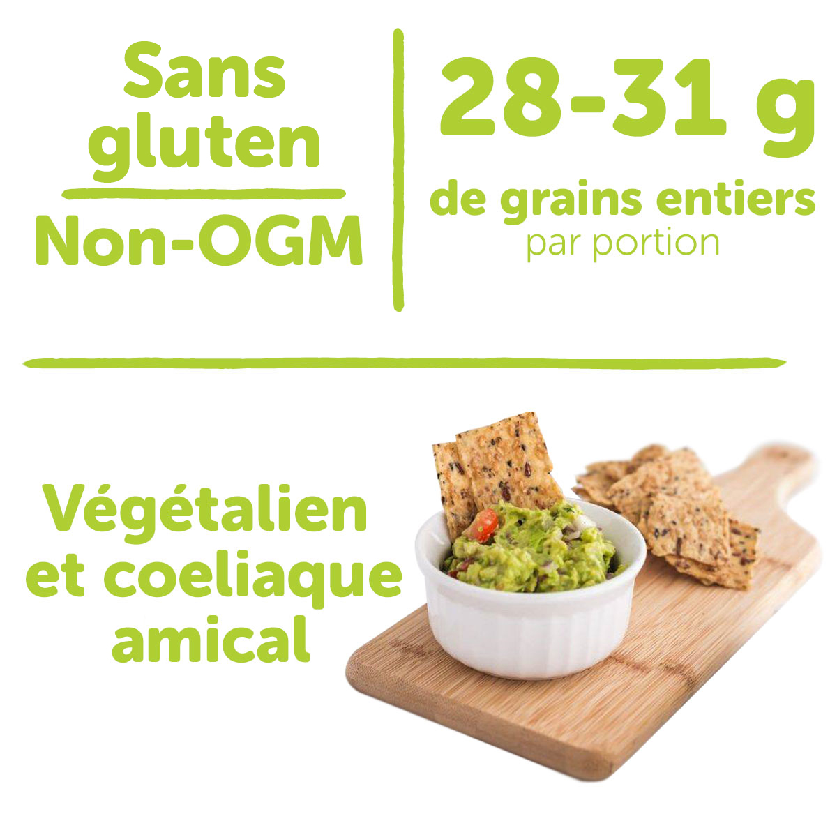 Sans gluten, non-OGM, 28-31 g de grains entiers par portion, végétalien et coeliaque amical